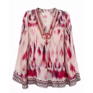 Hale Bob Silk Ikat Boho Tunic Top Pink Purple Embellished V-Neck - Size Small